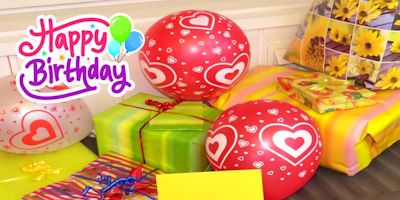 Happy Birthday: Bunte Geschenkpakete und Luftballon für Kindergeburtstag
