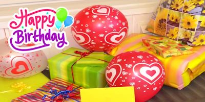 Happy Birthday: Bunte Geschenkpakete und Luftballon für Kindergeburtstag